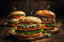 Three Delicious Chicken Burgers With Meat And Vegetables On Wooden Board