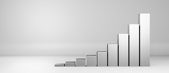 3D illustration of increasing progress and growing silver white bars or columns chart, corporate economic, financial or business commerce concept