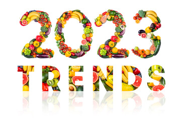 Wall Mural - New year 2023 made of fruits and vegetables, fish. Healthy food. New year 2023 food trends. 2023 eating, diet, organic concept