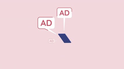 Fototapete - Animated social media ads element. Noisy online advertising appearing. Flat cartoon style HD video footage. Color illustration on pink background with alpha channel transparency for animation