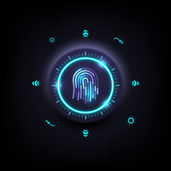 Poster - Hi-tech push button There is a blue glowing circle. In the middle there is a fingerprint scanner on the outside around the button with glowing elements.