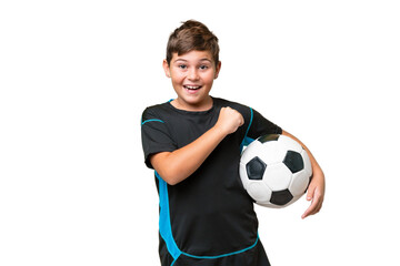 Wall Mural - Little caucasian football player kid over isolated chroma key background celebrating a victory