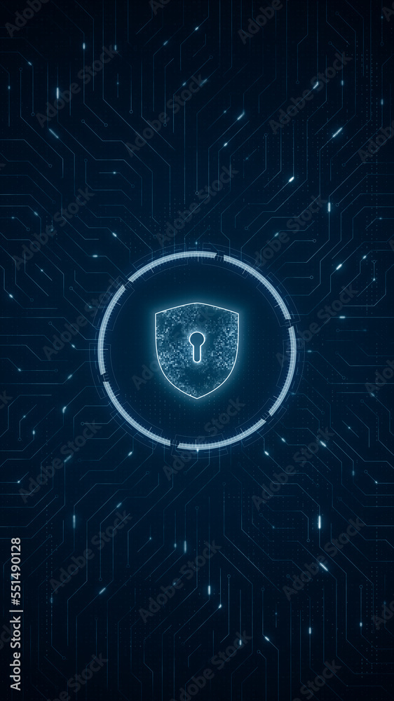 Blue digital security shield logo and futuristic technology circle HUD ...