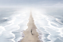 Illustration Of Man Walking In The Beach Between Two Blue Seas, Surreal Abstract Path Concept