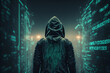 Hacker in black hoodie back side, with green binary data background, glowing, generative ai