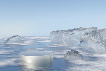 Wall Mural - 3d render platform and ice podium background on snow ground with ice rock and stone in winter for pr
