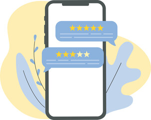 Wall Mural - Feedback customers review on a phone screen. People evaluating product, service. Website rating feedback concept. Trendy illustration