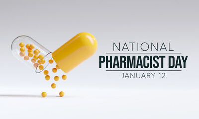 Wall Mural - National Pharmacist day is observed every year on 12 January, The day focuses on the importance of pharmacists, and it honors how much they impact our health and well-being. 3D Rendering