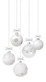 Christmas decorative baubles balls with silver shiny ribbons bows and glitter patterns, hanging with metal chain on transparent background. Gift greeting card ticket or promotional banner template.