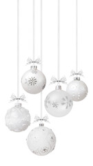 Wall Mural - Christmas decorative baubles balls with silver shiny ribbons bows and glitter patterns, hanging with metal chain on transparent background. Gift greeting card ticket or promotional banner template.