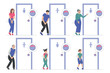 Set of people who wants to pee and standing at the closed toilet door vector isolated. Occupied WC, male and female character need to urinate. Funny characters with full bladder.