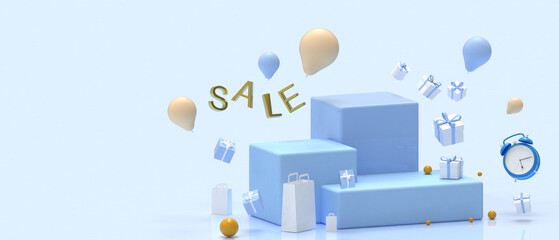 Poster - 3d Podium Christmas and Happy New Year Sale. Stage showcase geometric shape platform on display presentation - Shopping stage and fashion design to show product on blue background.3d Rendering