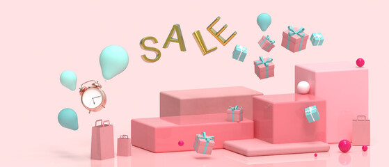 Poster - 3d Podium Christmas and Happy New Year Sale. Stage showcase on geometric shape display - Stage shopping and mock up product presentation on red background. product, copy space, digital -3d Rendering
