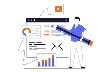 Aufkleber - App development concept with people scene in flat outline design. Man designing mobile application interface and working with content screen. Illustration with line character situation for web