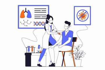 Aufkleber - Coronavirus concept with people scene in flat outline design. Nurse injects and vaccinates patient. Protection and prevention of viruses. Illustration with line character situation for web