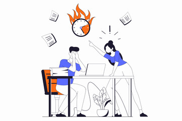 Wall Mural - Deadline concept with people scene in flat outline design. Angry boss screaming at upset manager while man trying to complete work tasks. Illustration with line character situation for web