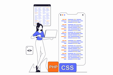 Development and programming concept with people scene in flat outline design. Woman writes code and creates mobile apps, fixes bugs and tests. Illustration with line character situation for web