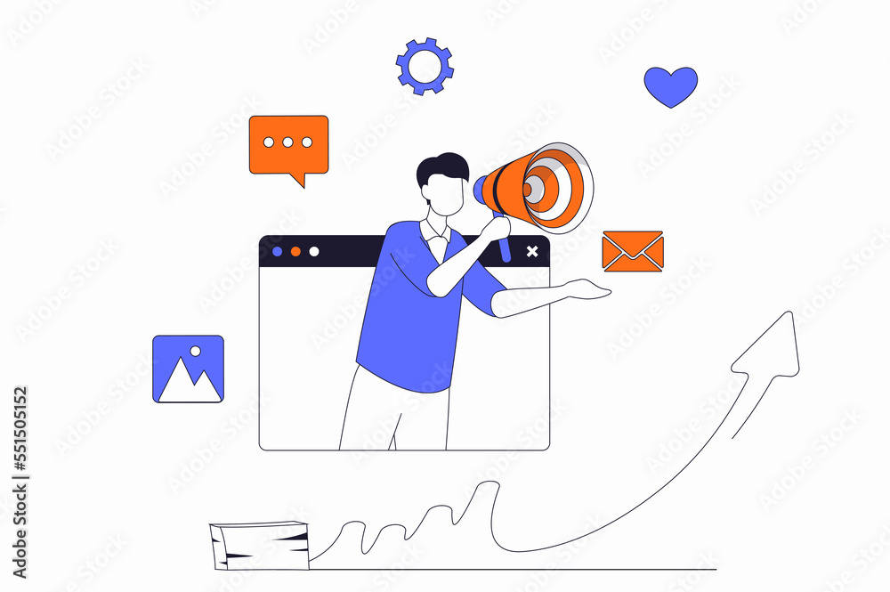 Digital marketing concept with people scene in flat outline design. Man ...