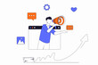 Digital marketing concept with people scene in flat outline design. Man with megaphone making advertising campaign to audience in internet. Illustration with line character situation for web