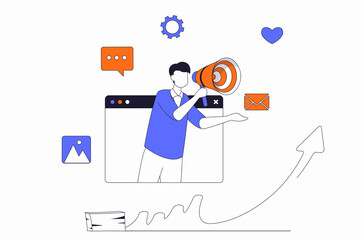 Leinwandbilder - Digital marketing concept with people scene in flat outline design. Man with megaphone making advertising campaign to audience in internet. Illustration with line character situation for web
