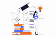Distance learning concept with people scene in flat outline design. Woman studies on educational platform and opens new lessons using apps. Illustration with line character situation for web
