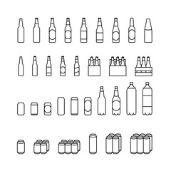 Set line icons of beer bottles, cans and multipacks isolated PNG