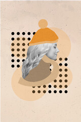 Sticker - Vertical creative photo collage picture of attractive positive satisfied good mood girl wear warm hat isolated on beige color background