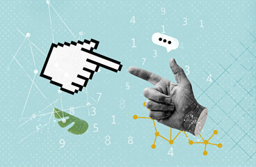 Mouse cursor hand finger pixel and human hand 