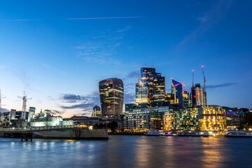 Wall Mural - HMS Belfast war ship and the City at night, in London, UK