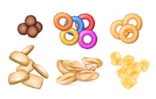 Set Of Realistic Crispy Breakfast Cereals With Colorful Rings, Corn Pads, Chocolate Balls Cornflakes