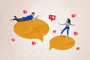 Poster - Creative photo 3d collage artwork poster postcard of young funny people chat instagram telegram messenger isolated on painting background