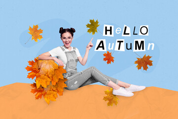 Sticker - Photo collage artwork minimal picture of lady pointing finger showing gesture sign hello autumn letters isolated drawing background