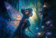 Fairy With Wings  In An Enchanted Magical Forest. Digital Artwork	
