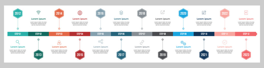 Wall Mural - Timeline business hexagon infographic template with 12 options. Colorful diagram, vector abstract element timeline infographics.