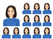 Asian woman with short haircut different facial expressions set isolated vector illustration