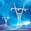 High voltage transmission systems. Electric pole. Neon glow. Night landscape. Power lines. Network of interconnected electrical. White otlines on blue background. Vector design illustration