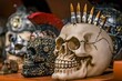 Selective focus shot of decorative artificial human skulls on a wooden shelf with blur background