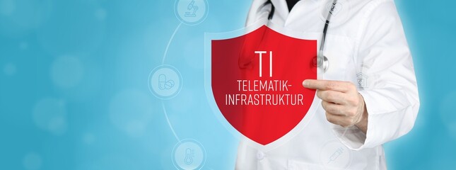 Wall Mural - Telematikinfrastruktur (TI). Arzt hält rotes Schutzschild umgeben von Icons im Kreis. Medizinisches Wort im Symbol