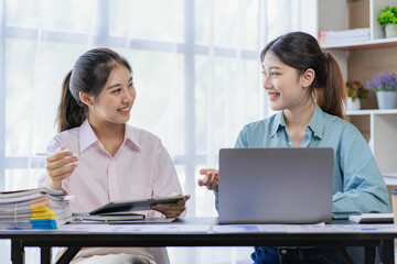 Wall Mural - Business meeting.Two women discussing business in modern office.General account manager working on startup project on laptop. Financial accounting presentation, teamwork concept