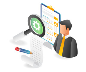 Poster - Flat isometric illustration of taking notes and looking for information