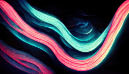 Wall Mural - Light trail. Blur glow. Fluorescent radiance. Defocused neon pink blue color illumination flare wave motion on dark black illustration collage abstract background.