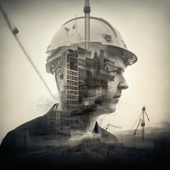 Wall Mural - Double exposure photo of man in hard hat in various situations at work made with Generative AI.