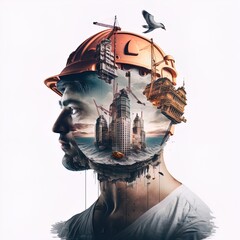 Double exposure photo of man in hard hat in various situations at work made with Generative AI.