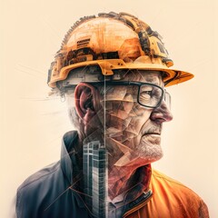 Wall Mural - Double exposure photo of man in hard hat in various situations at work made with Generative AI.