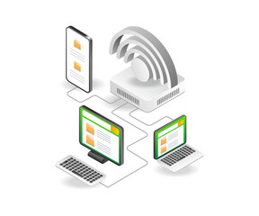 Poster - Flat isometric illustration concept of network share data with wifi