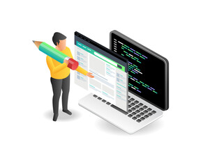 Wall Mural - Flat isometric illustration concept of man creating webblog page in programming language