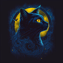 Black Cat Is Perched Atop A Deep Blue Background Its Fur Is A Deep Midnight Shade And Its Eyes Are A Bright Yellow That Stands In Stark Contrast