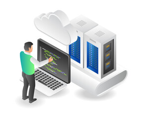 concept isometric illustration of man setting cloud server program