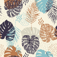 Wall Mural - Tropical background with vintage plants. Palm leaves. Floral exotic hawaiian wallpaper. Summer tropical leaf. Exotic hawaiian jungle, summertime style. Summer vector illustration.