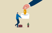 Cut Of Salary. Pay Salary Or Compensation. Employee Pay. Offers Lowest Wage. Adjust The Minimum Wage Rate. Male Hand In Formal Wear Holding Money Coin In Fingers.  Illustration